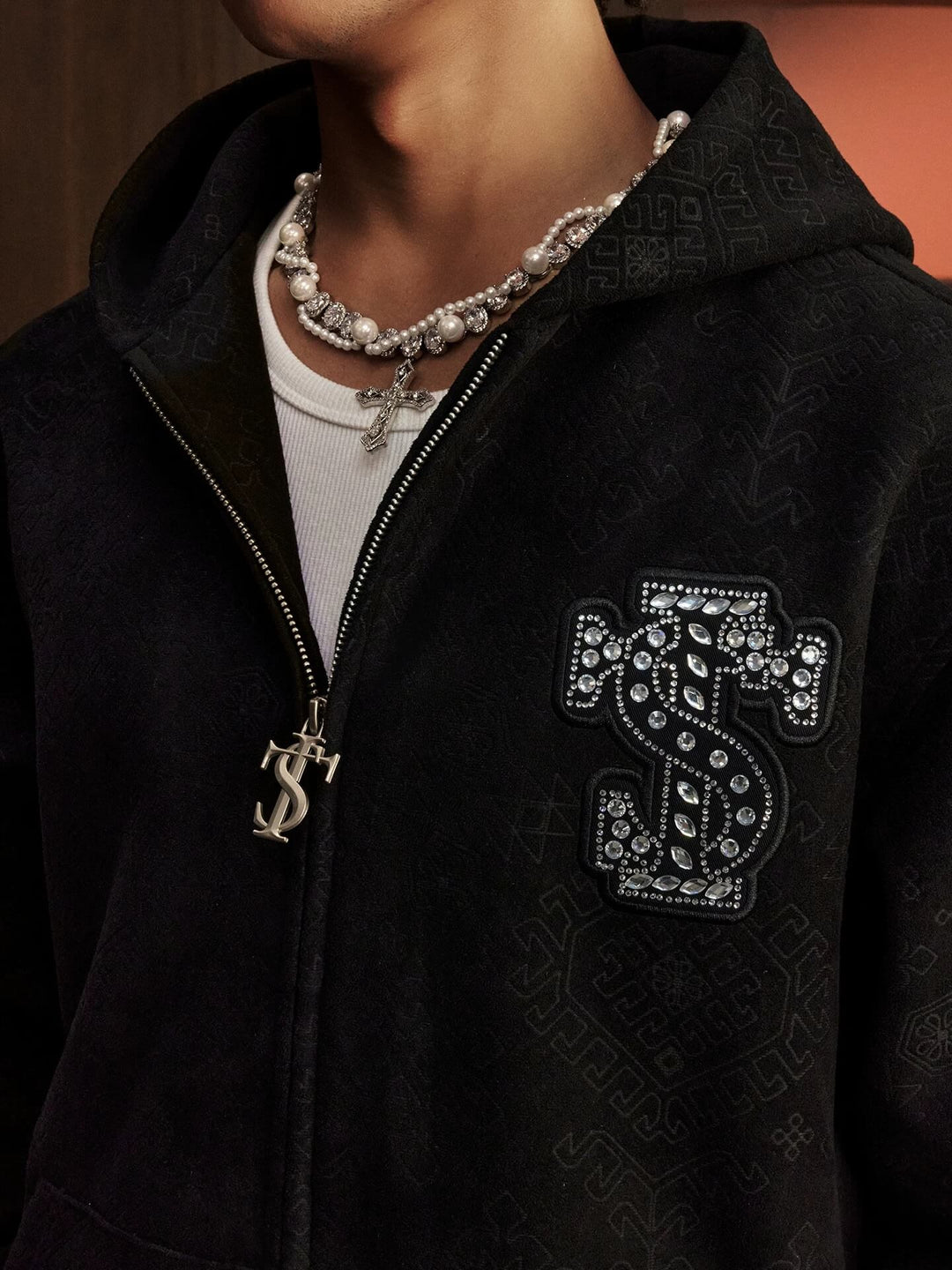 Small Town Kid Faux Suede Rhinestone Logo Patch Zip Up Hooded Jacket | Face 3 Face