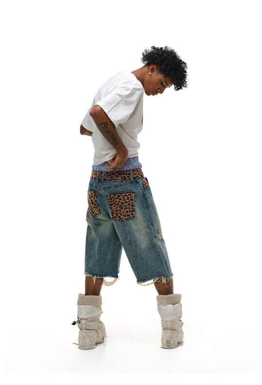 ANTIDOTE Leopard Patchwork Denim Shorts | Face 3 Face