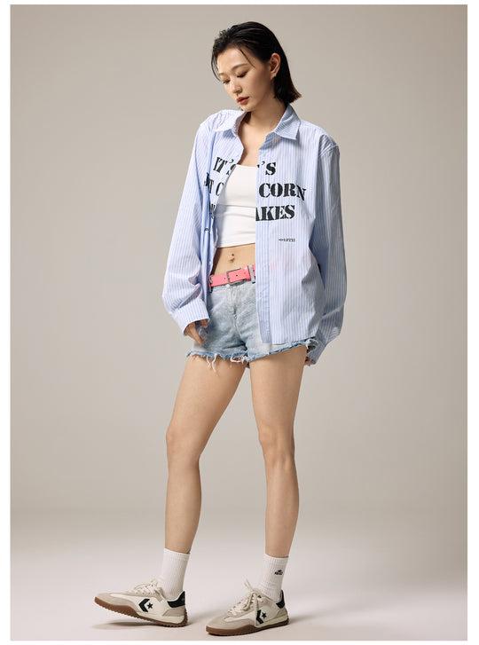 Remedy Letter Print Striped Long Sleeve Shirt | Face 3 Face