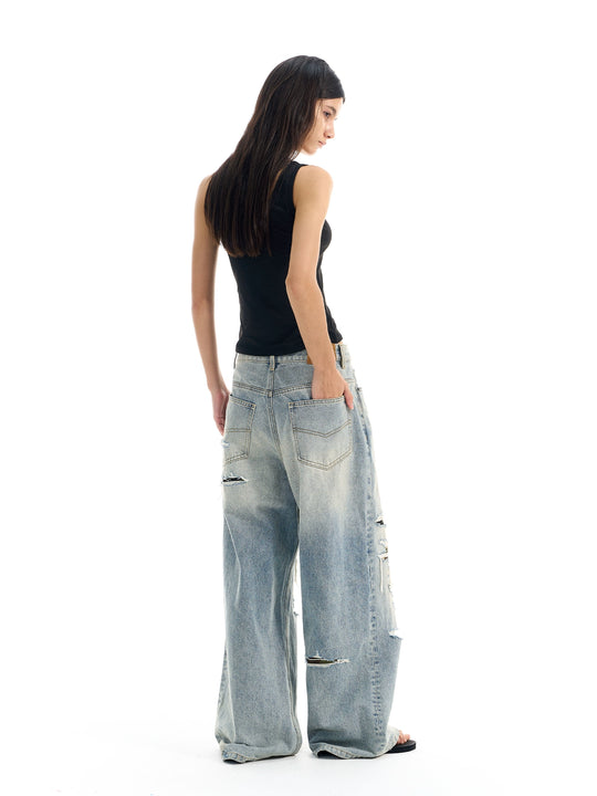 BLIND NO PLAN Washed Blue Ripped Camo Patch Baggy Jeans | Face 3 Face