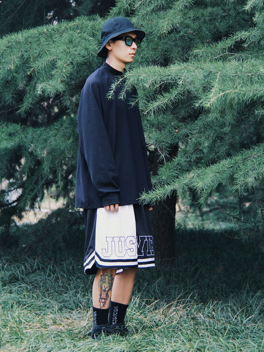 JUST VIBE Black White Asymmetric Mesh Basketball Shorts | Face 3 Face