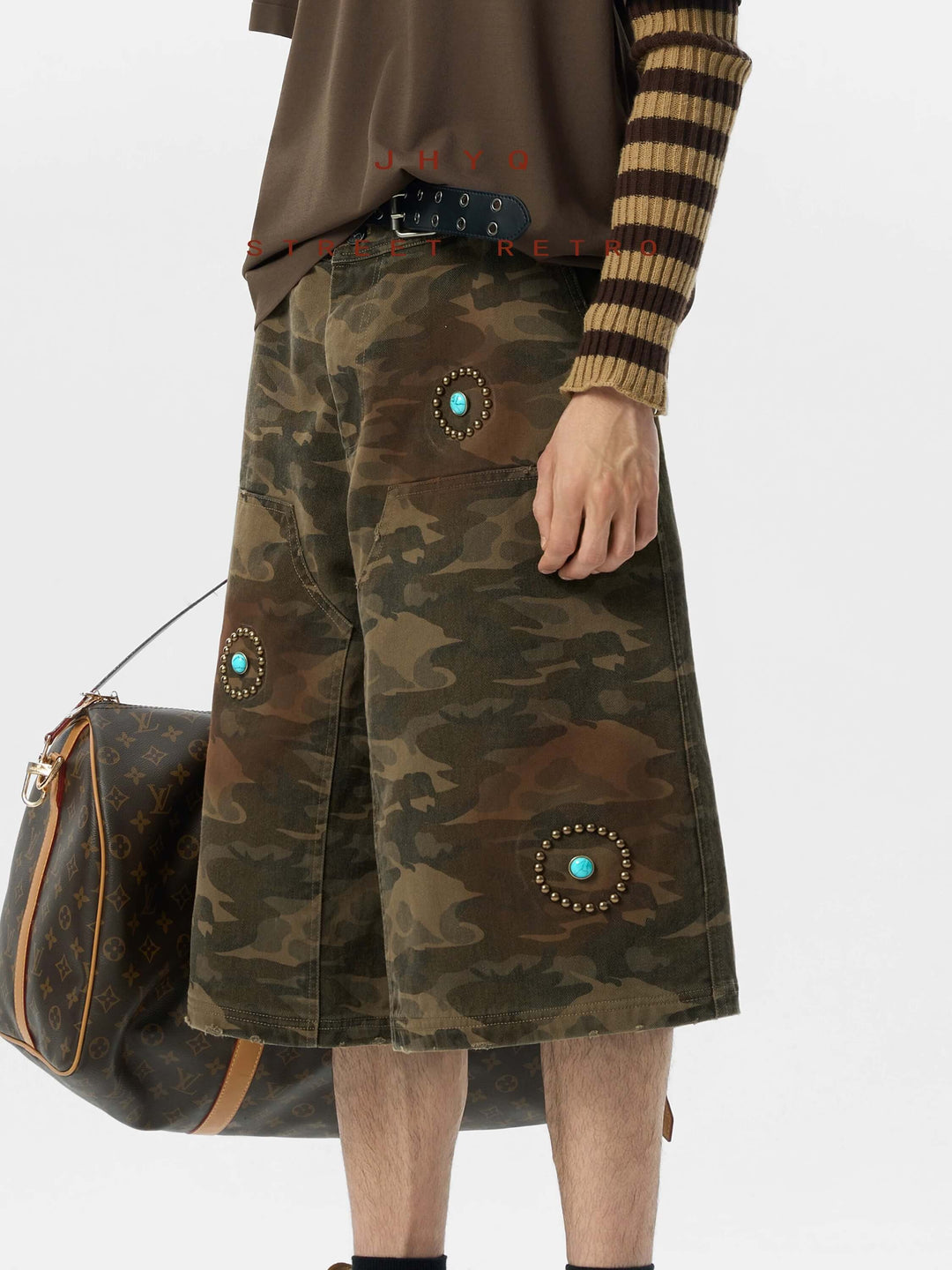 JHYQ Washed Camouflage Turquoise Studded Shorts | Face 3 Face