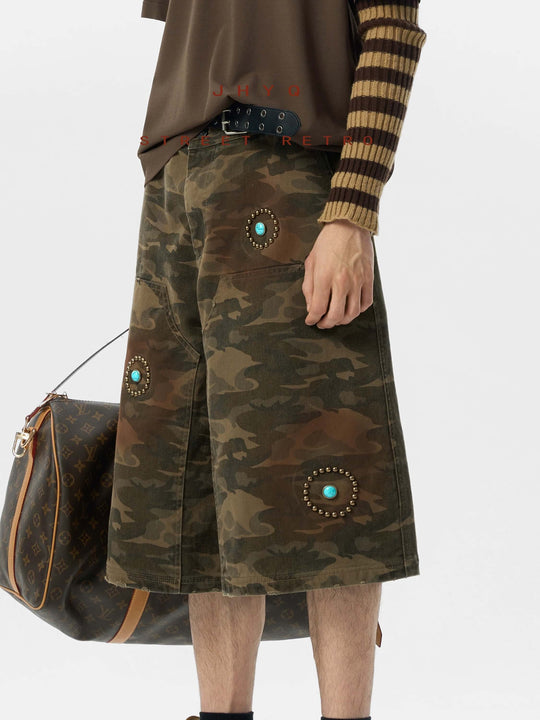 JHYQ Washed Camouflage Turquoise Studded Shorts | Face 3 Face