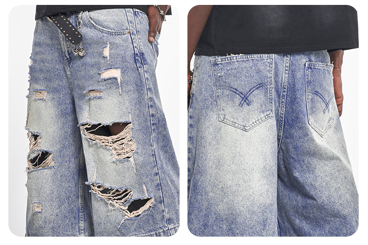F3F Select Light Blue Destroyed Denim Baggy Shorts | Face 3 Face