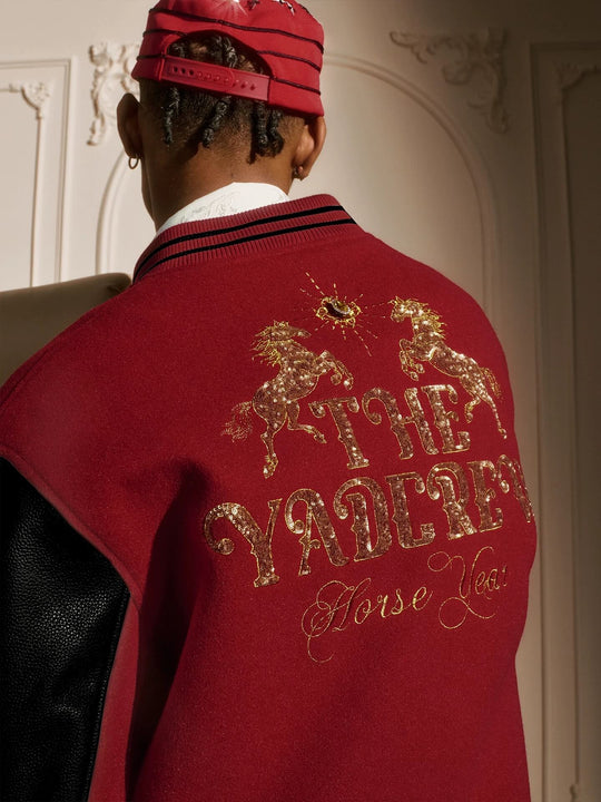 YADcrew Horse Sequin Pearl Embroidered Varsity Jacket | Face 3 Face