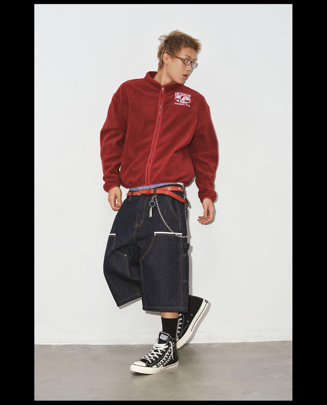 NOVACAM White Accent Line Double Knee Baggy Denim Shorts | Face 3 Face