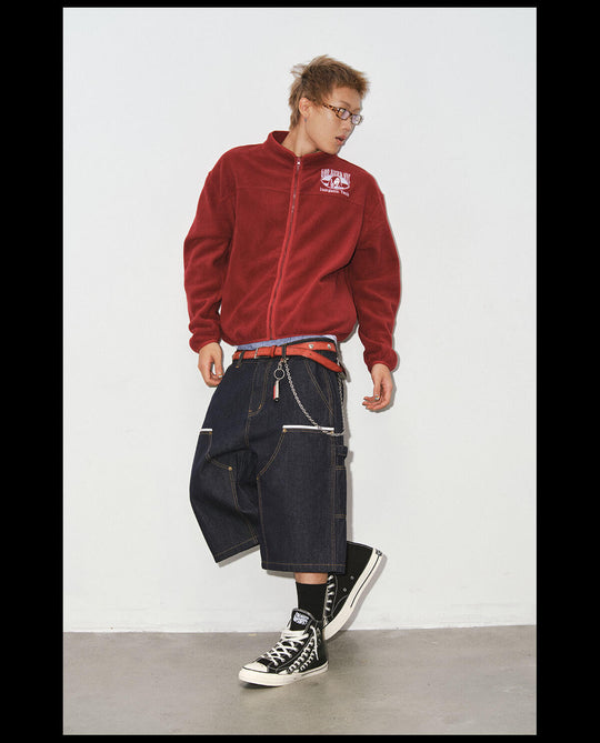 NOVACAM White Accent Line Double Knee Baggy Denim Shorts | Face 3 Face