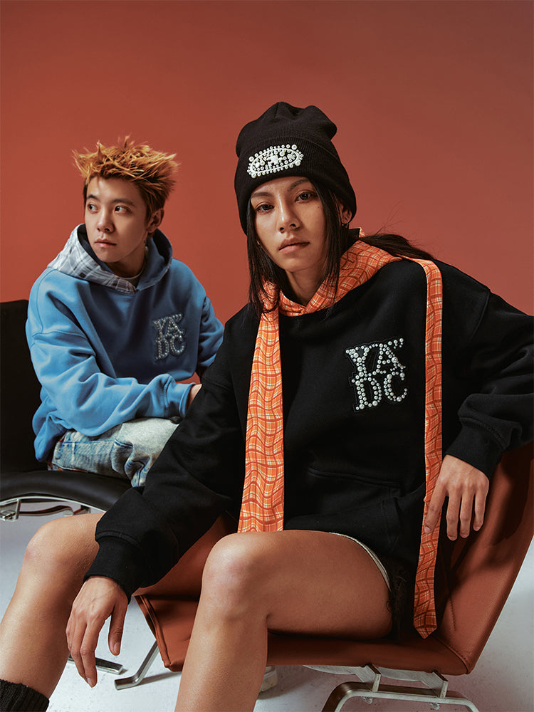 YADcrew Twisted Plaid Hood Pearl Leather Logo Hoodie | Face 3 Face