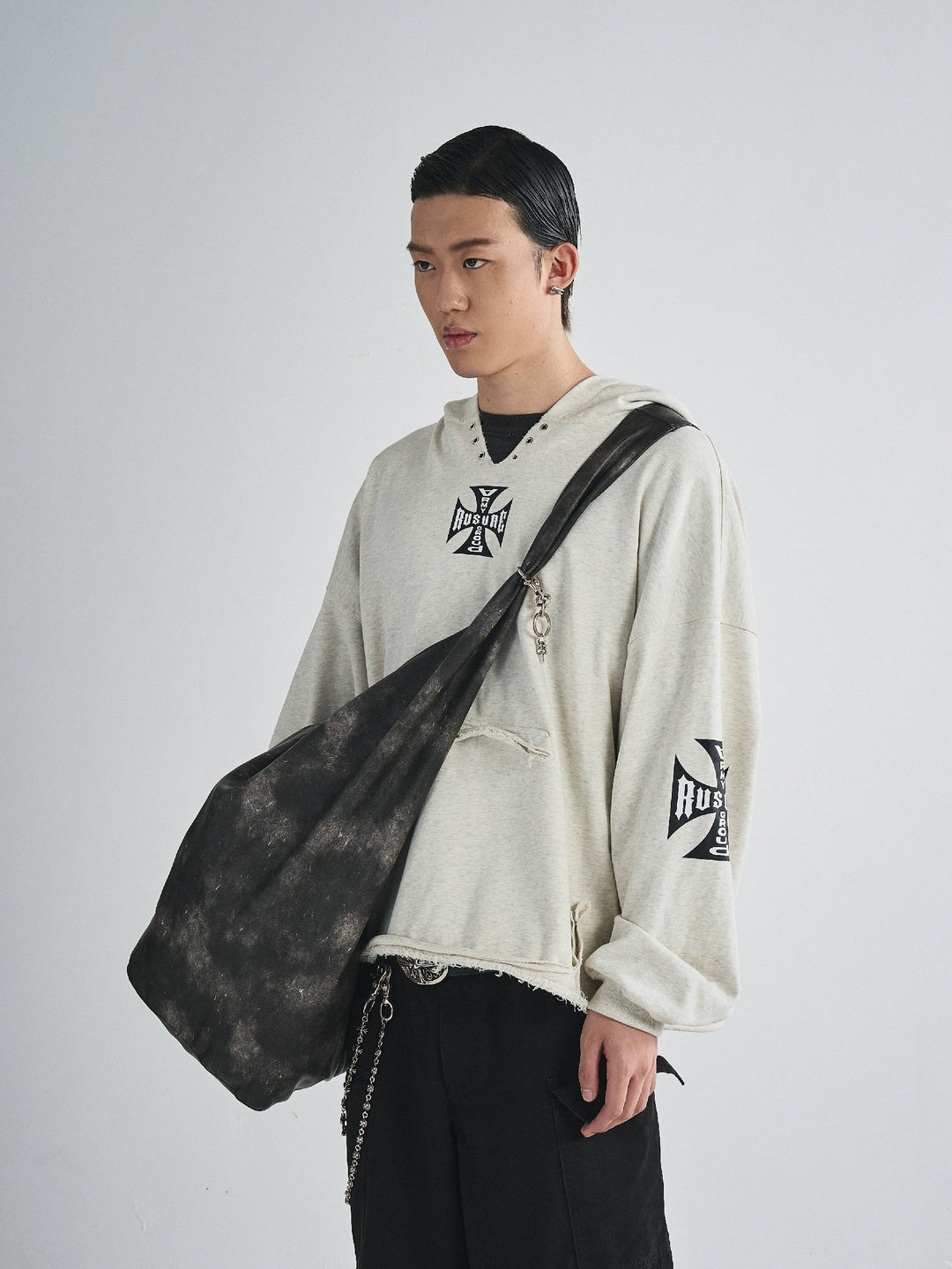 RUSURE V Neck Cross Logo Destruction Hoodie | Face 3 Face