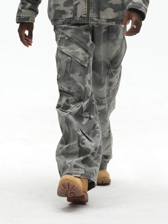 UNTILWERICH Washed Camouflage Work Cargo Pants