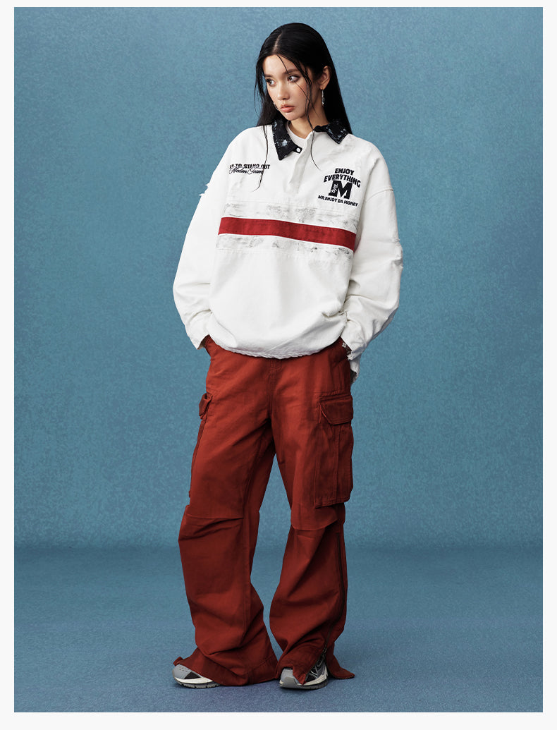 MEDM Asymmetric Collar Stripes Long Sleeve Polo | Face 3 Face