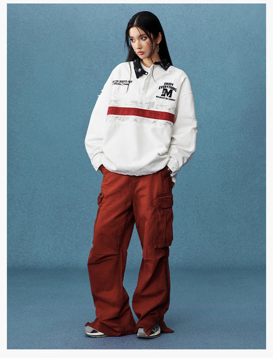 MEDM Asymmetric Collar Stripes Long Sleeve Polo | Face 3 Face