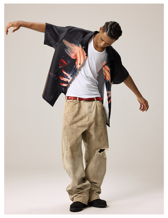 Remedy Finger and Wine Glass Full Print Short Sleeve Cuban Shirt | Face 3 Face