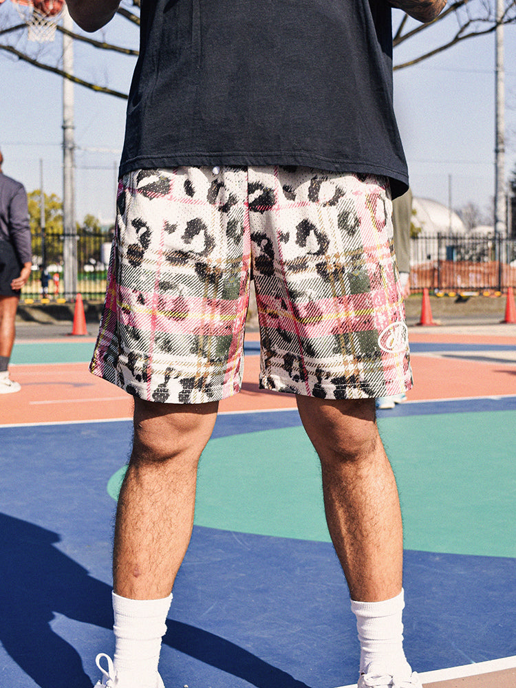 JUST VIBE Plaid and Leopard Print Mesh Basketball Shorts | Face 3 Face