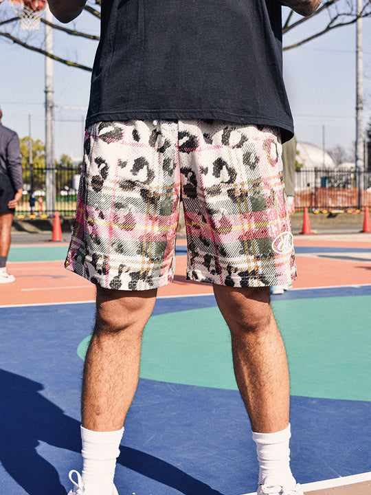 JUST VIBE Plaid and Leopard Print Mesh Basketball Shorts | Face 3 Face