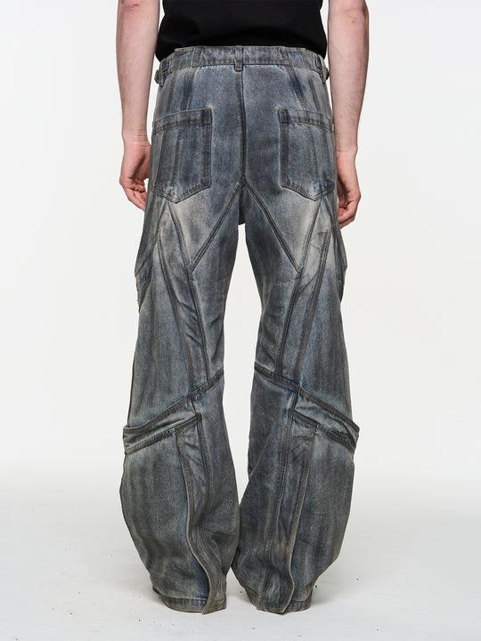 BLIND NO PLAN Multi Fly Split Structure Washed Distressed Jeans | Face 3 Face
