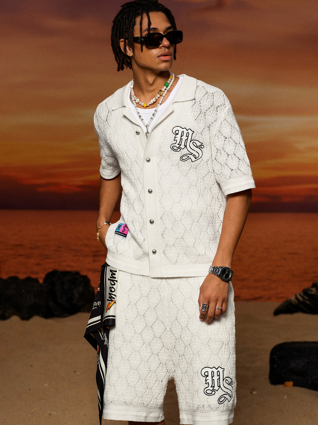 MEDM x STK Patch Embroidery Open Knit Short Sleeve Shirt | Face 3 Face