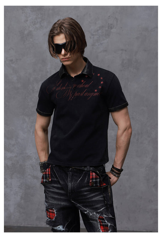 ANTIDOTE Washed Leather Collar Short Sleeve Polo
