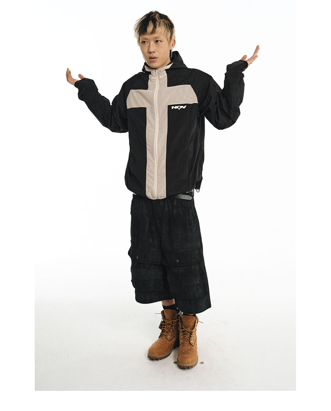 NOVACAM Wrinkled Nylon Mesh-Paneled Hooded Track Jacket | Face 3 Face