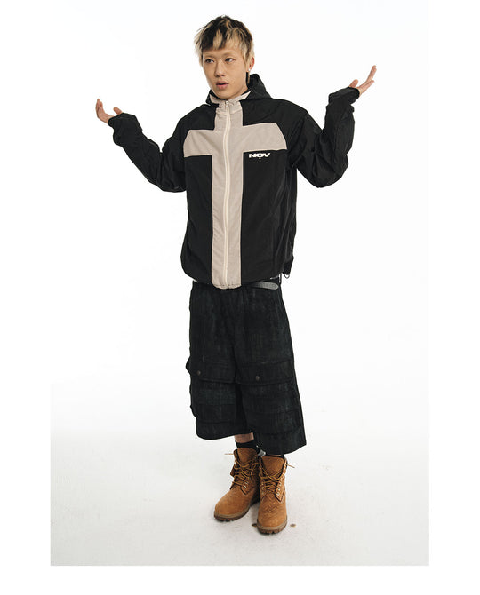 NOVACAM Wrinkled Nylon Mesh-Paneled Hooded Track Jacket | Face 3 Face