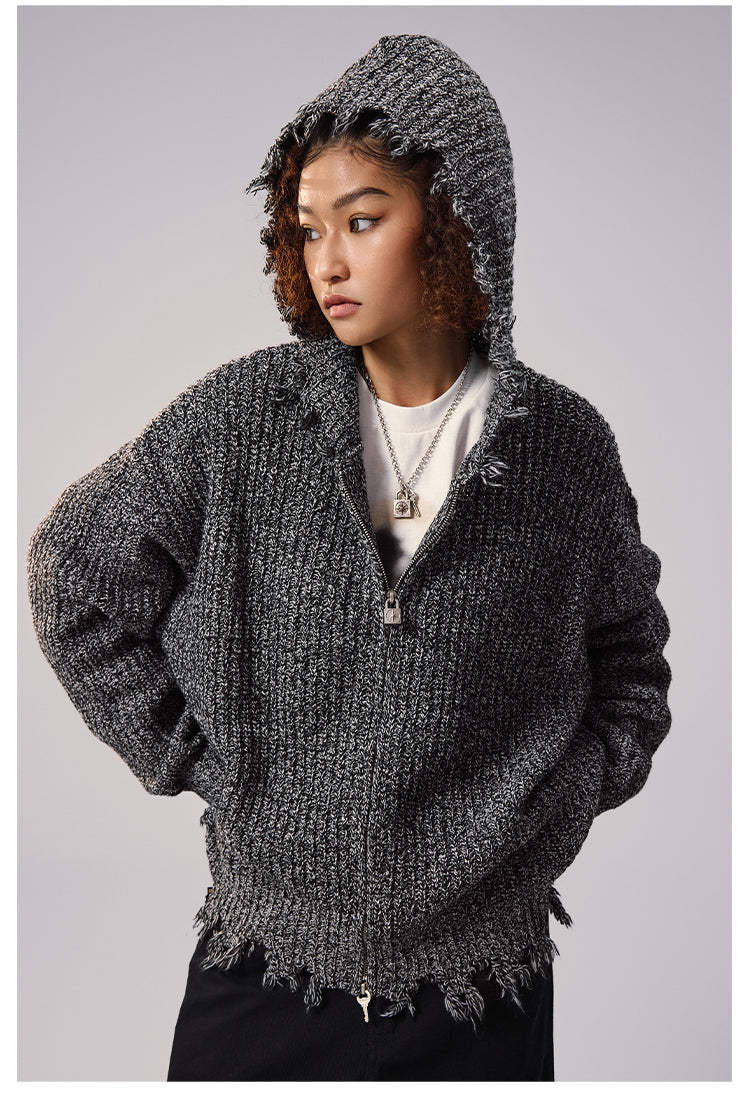 Remedy Distressed Hooded Zipper Knit Cardigan | Face 3 Face