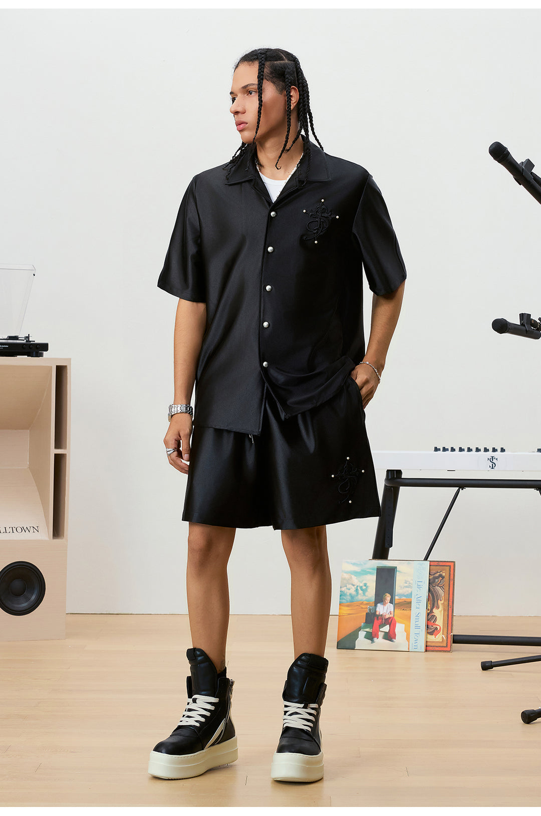 Small Town Kid 3D Cross Embroidered Satin Cuban Shirt Set | Face 3 Face