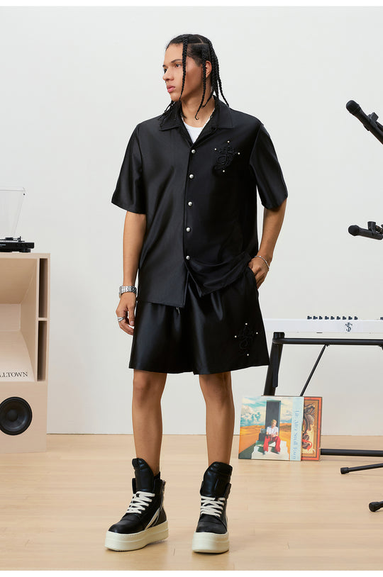 Small Town Kid 3D Cross Embroidered Satin Cuban Shirt Set | Face 3 Face