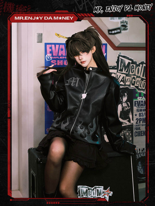 MEDM x EVA NEVER END Flame Character Portraits PU Leather Biker Jacket | Face 3 Face