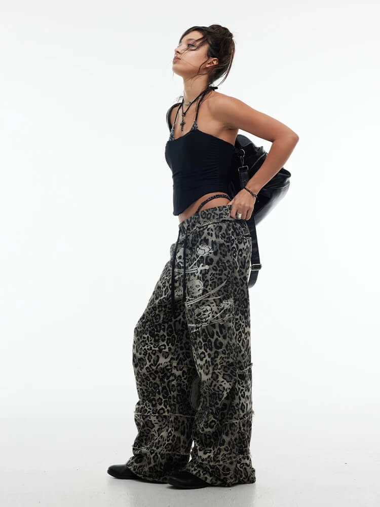 Night Lab Skull Pirate Leopard Printed Distressed Pants | Face 3 Face