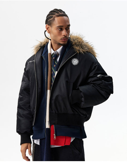 MEDM Silicone Logo Patch Fur Hooded Bomber Jacket | Face 3 Face