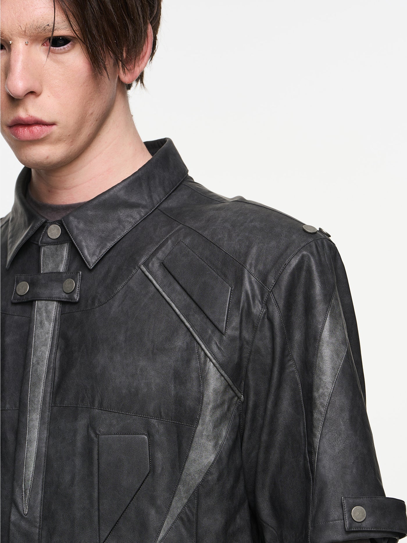 BLIND NO PLAN Patchwork Leather Biker Short Sleeve Shirt | Face 3 Face