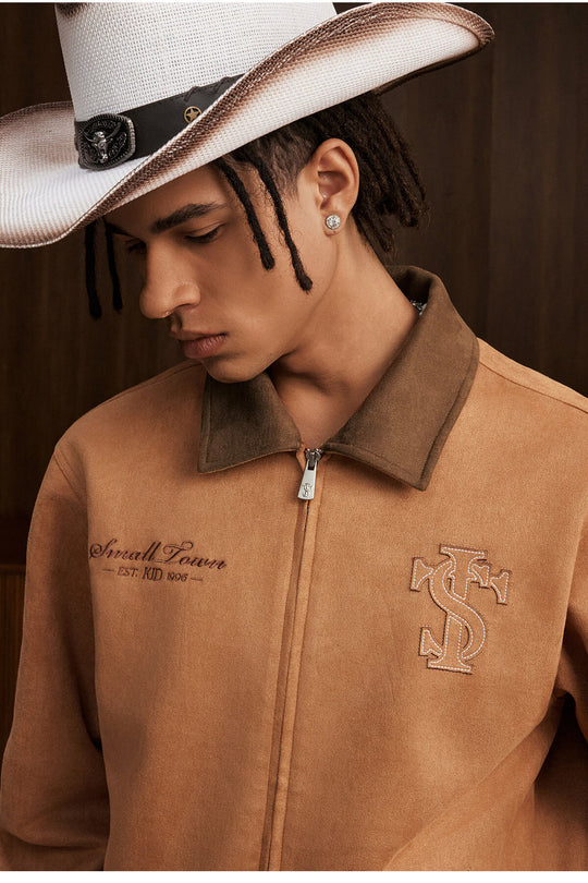 Small Town Kid Faux Suede Logo Patch Work Jacket | Face 3 Face