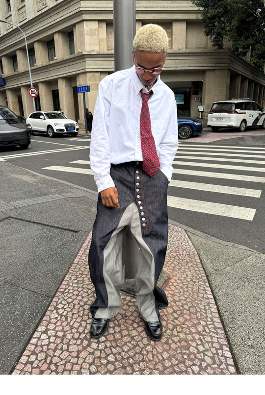 STEEPC Button Fly Reverse Patchwork Baggy Jeans | Face 3 Face