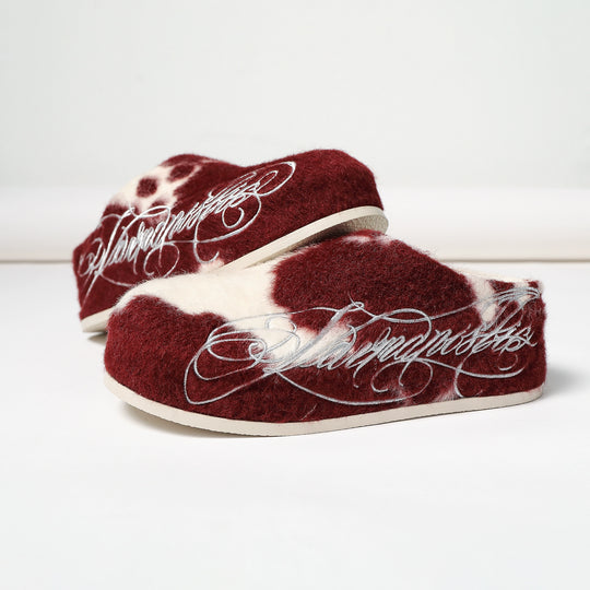 KARMANISTIC Fur Embroidered Red Slipper Clogs | Face 3 Face