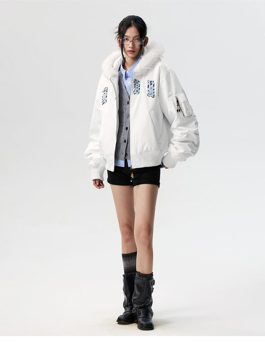 MEDM Animal Logo Patch Fur Hooded Bomber Jacket | Face 3 Face