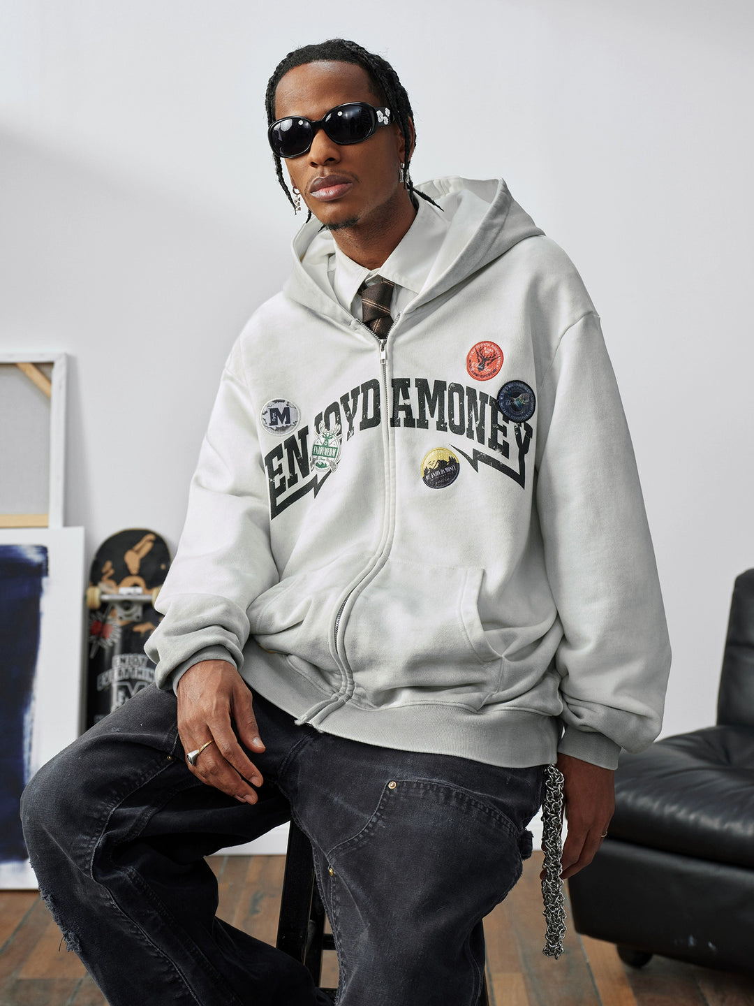 MEDM Gradient Washed Logo Print Embroidered Patch Zip-Up Hoodie | Face 3 Face