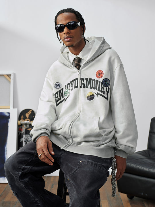 MEDM Gradient Washed Logo Print Embroidered Patch Zip-Up Hoodie | Face 3 Face