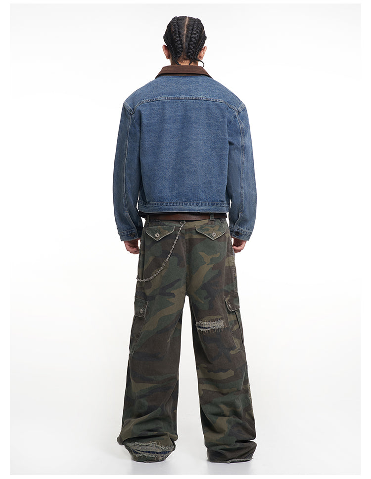 F3F Select Suede Lapel Washed Denim Jacket | Face 3 Face