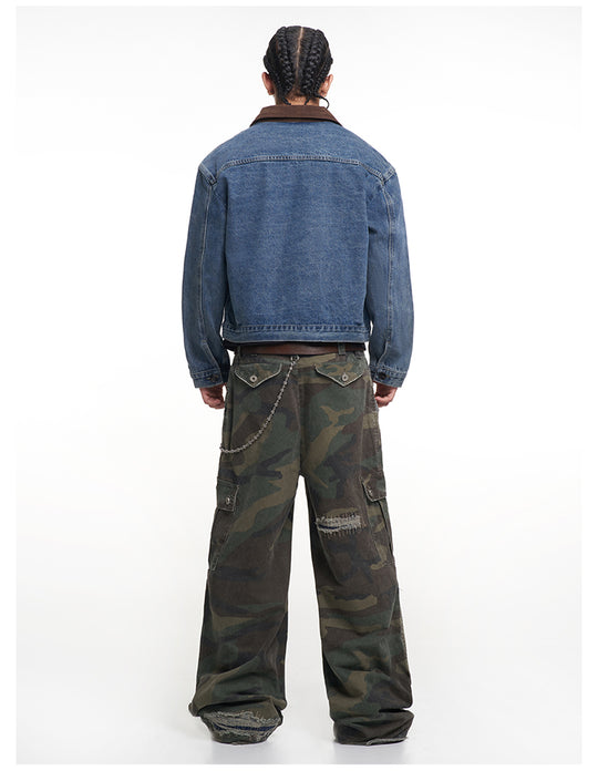 F3F Select Suede Lapel Washed Denim Jacket | Face 3 Face