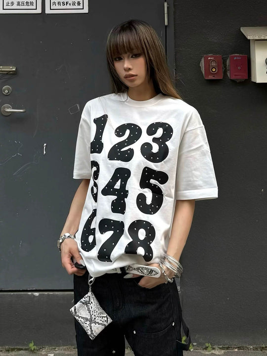 S45 Number Print Rhinestone Short Sleeve Tee | Face 3 Face