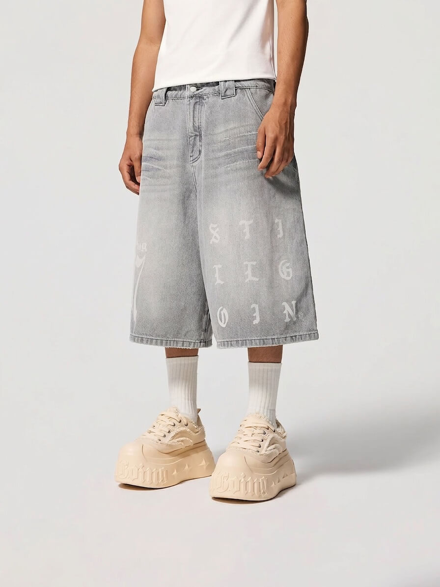 1807 Gothic Letter Print Washed Denim Baggy Shorts | Face 3 Face