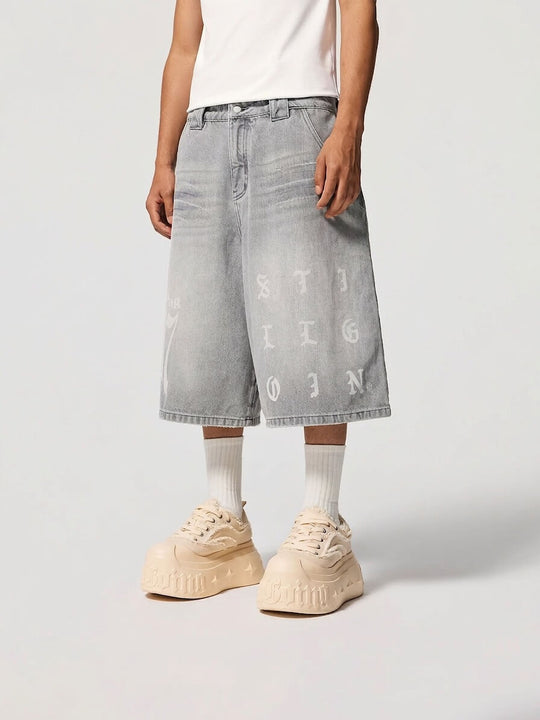 1807 Gothic Letter Print Washed Denim Baggy Shorts | Face 3 Face