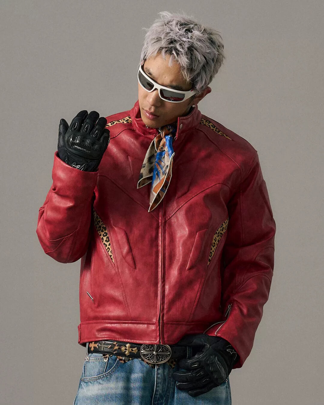 S45 Leopard Print Patchwork PU Leather Biker Jacket | Face 3 Face