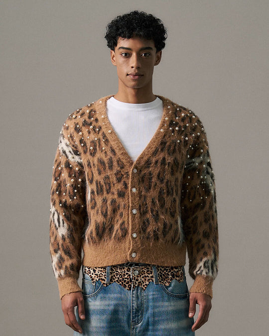 S45 Pearl Studded Leopard Knit Cardigan | Face 3 Face