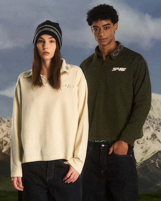 S45 Pearl and Rhinestone Long Sleeve Polo | Face 3 Face