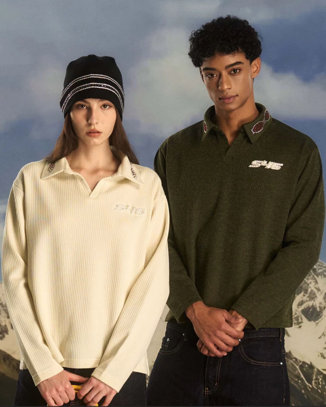 S45 Pearl and Rhinestone Long Sleeve Polo | Face 3 Face