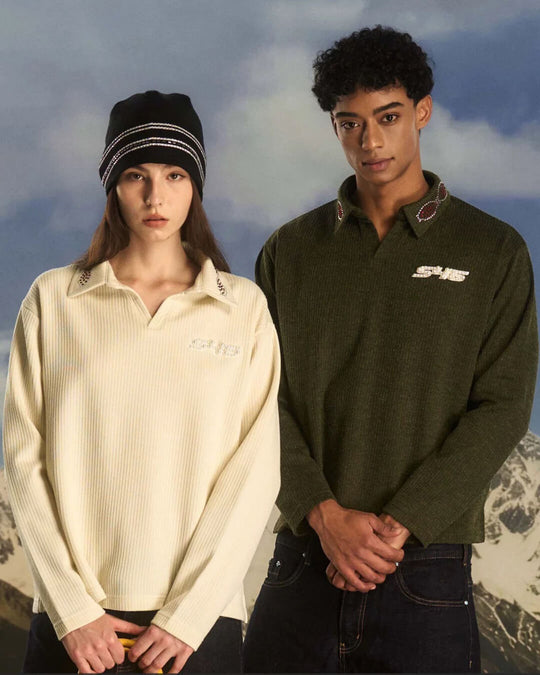 S45 Pearl and Rhinestone Long Sleeve Polo | Face 3 Face