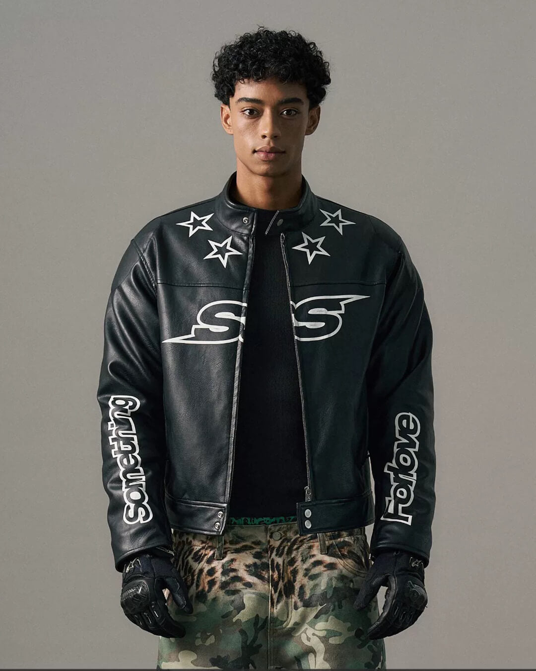 S45 Star Print PU Leather Leopard Lined Biker Jacket | Face 3 Face
