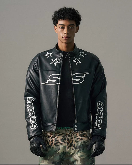 S45 Star Print PU Leather Leopard Lined Biker Jacket | Face 3 Face