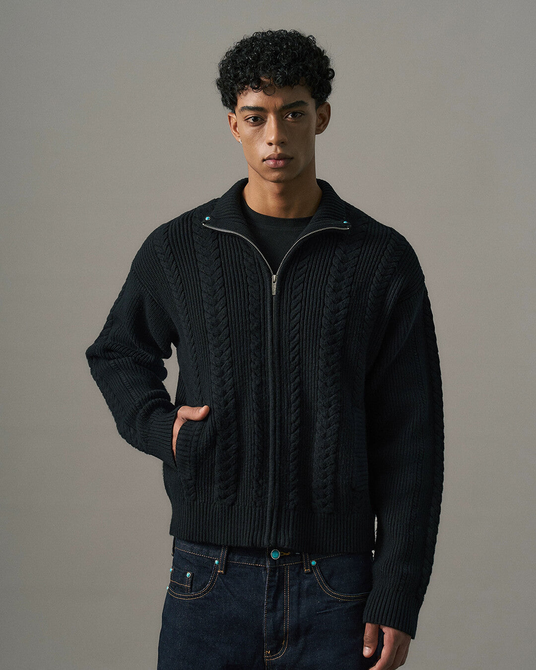 S45 Turquoise Studded Twisted Knit Zip Up Cardigan | Face 3 Face